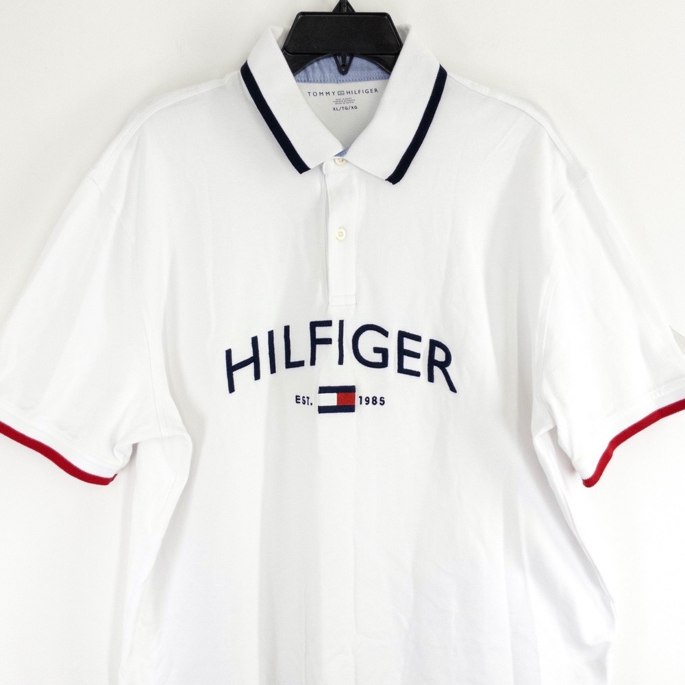 Tommy Hilfiger Polo Shirt Men's XL White‎ Embroidered Logo Short Sleeve 90s